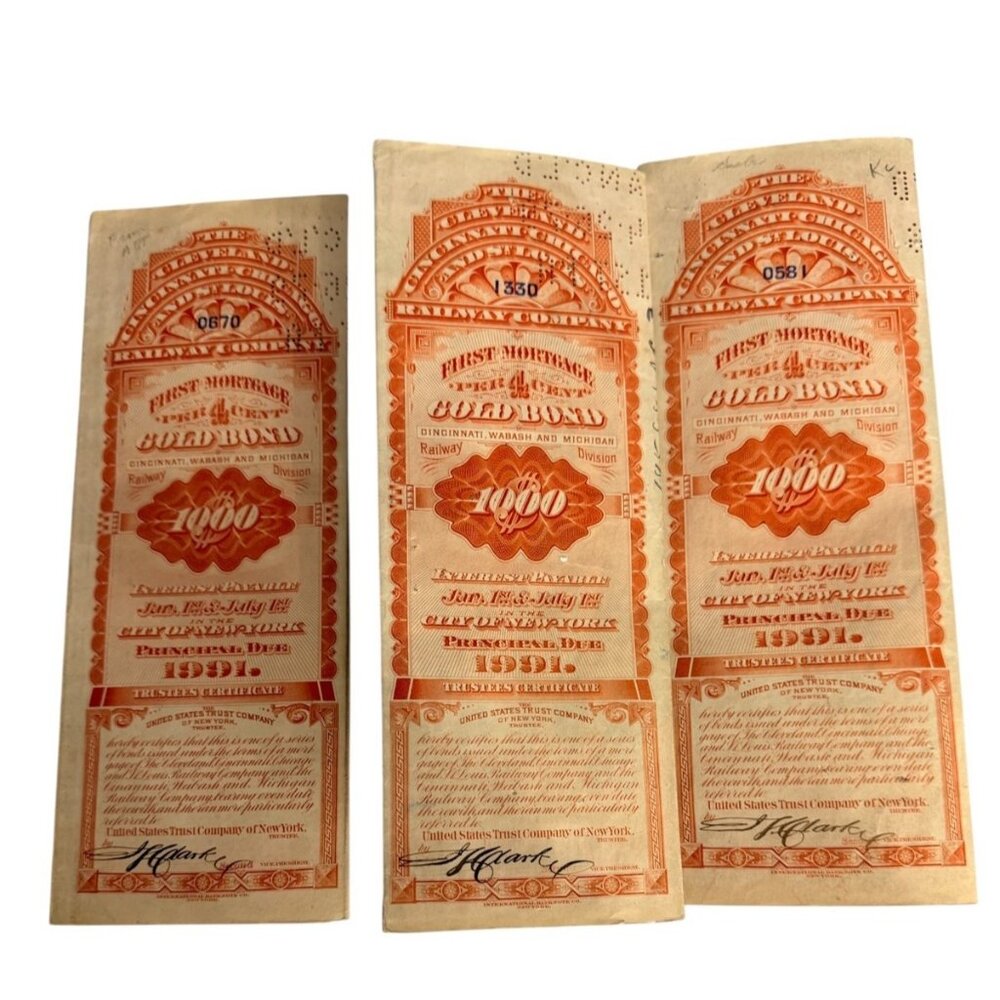 3 Cleveland,‎ Cincinnati, Chicago and St. Louis Railway Bond Certificates